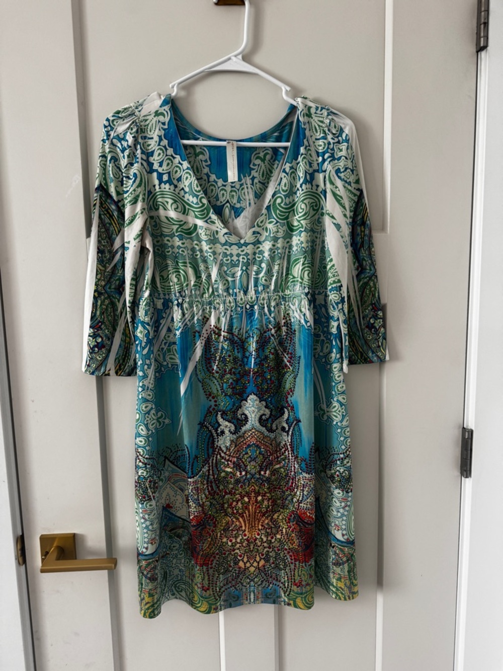 Blue Green Paisley-Print V-Neck Women's Dress S- Twelve dress sequin boho